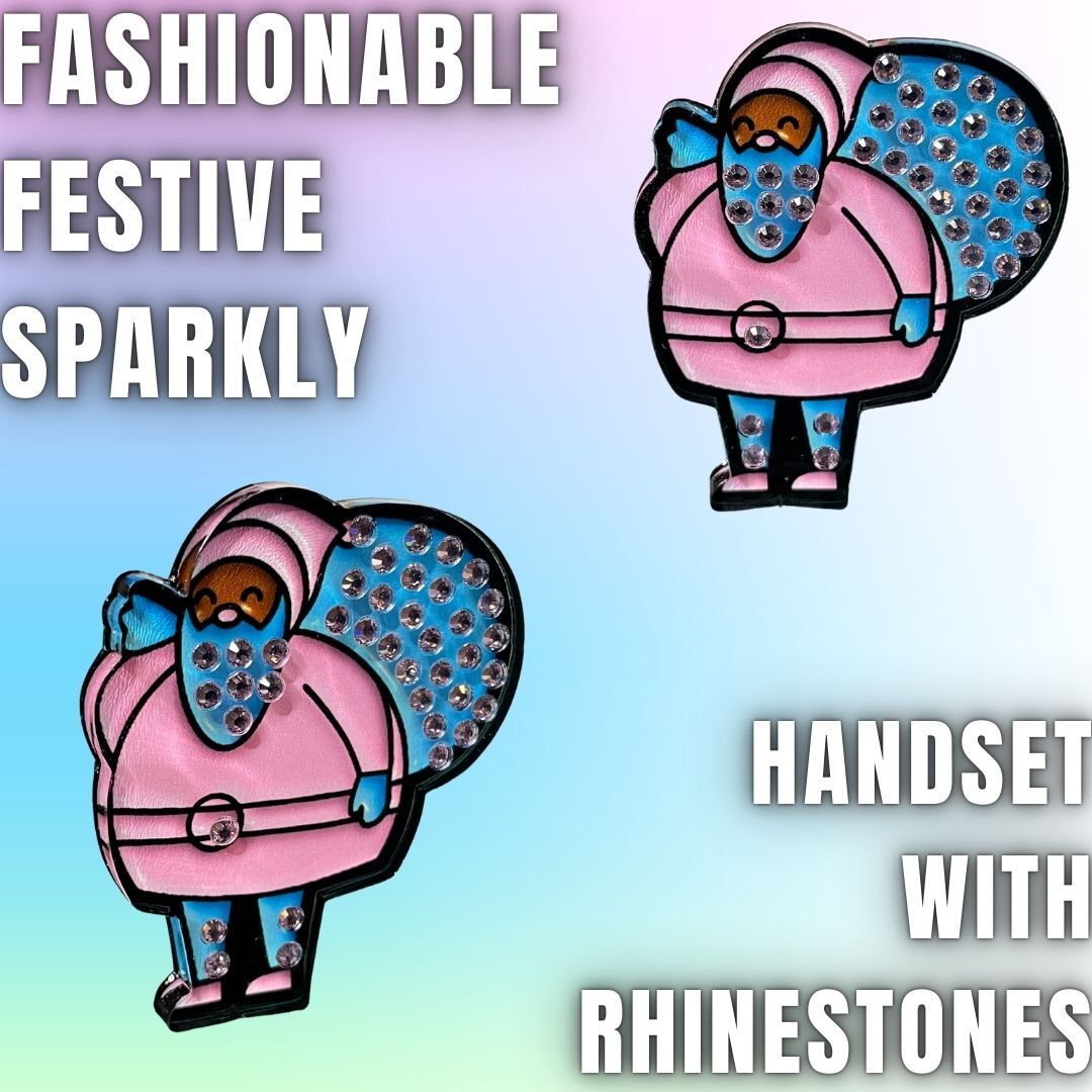 Rhinestone Pink Santa with Blue Bag Acrylic Pin