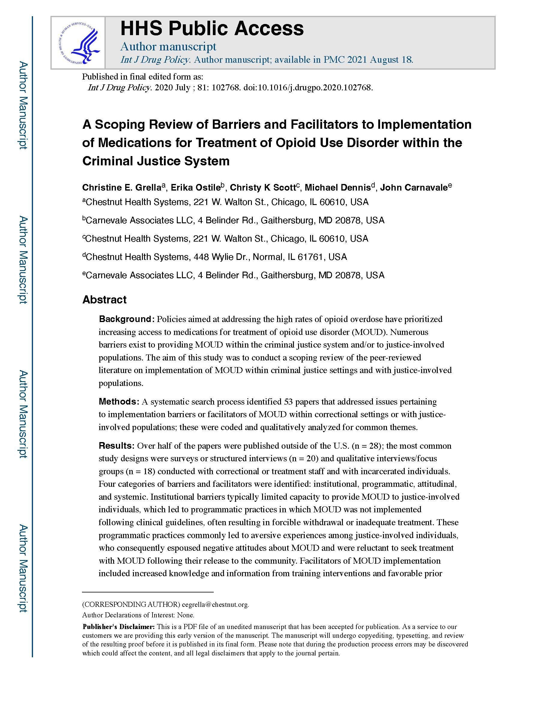 A Scoping Review of Barriers and Facilitators to Implementation of MOUD within the Criminal Justice System