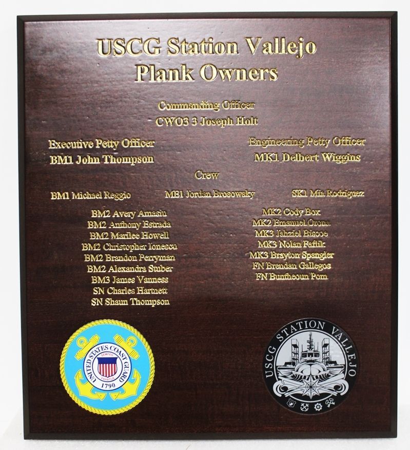 NP-2670- Carved Mahogany Plaque for the Plank Owner Crew of the USCG Station Vallejo 