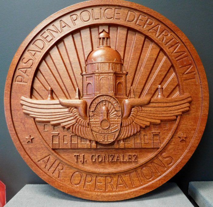 PP-3200 -  Carved Wall Plaque of the Seal of the Air Operations of the Pasadena Police Department, Mahogany Wood