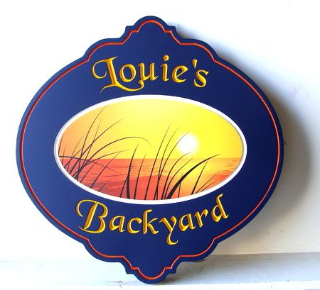 L21224 - Carved Property Sign "Louie's Backyard" for  Seaside Home,  with Sunset and Ocean