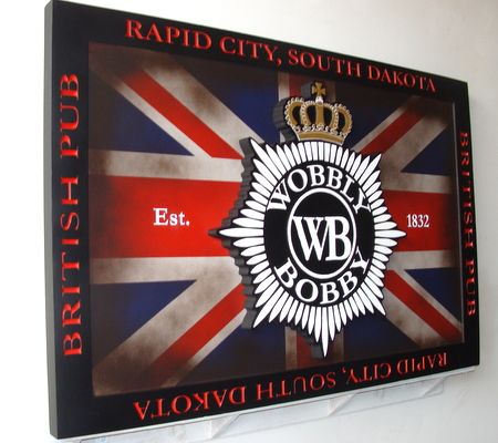 RB27531 - Carved Wood British Pub Sign with Union Jack Flag and "Wobbly Bobby" 