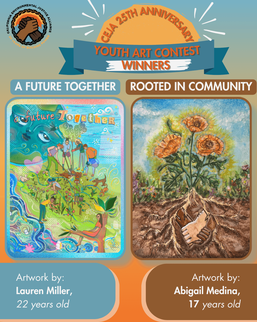 Two art pieces, displayed side by side, on a colorful background. The first piece is by Lauren Miller, age 22, and the second by Abigail Medina, age 17.