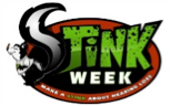 Stink Week Logo. A skunk's tail is the S and the rest of the words are written in green.