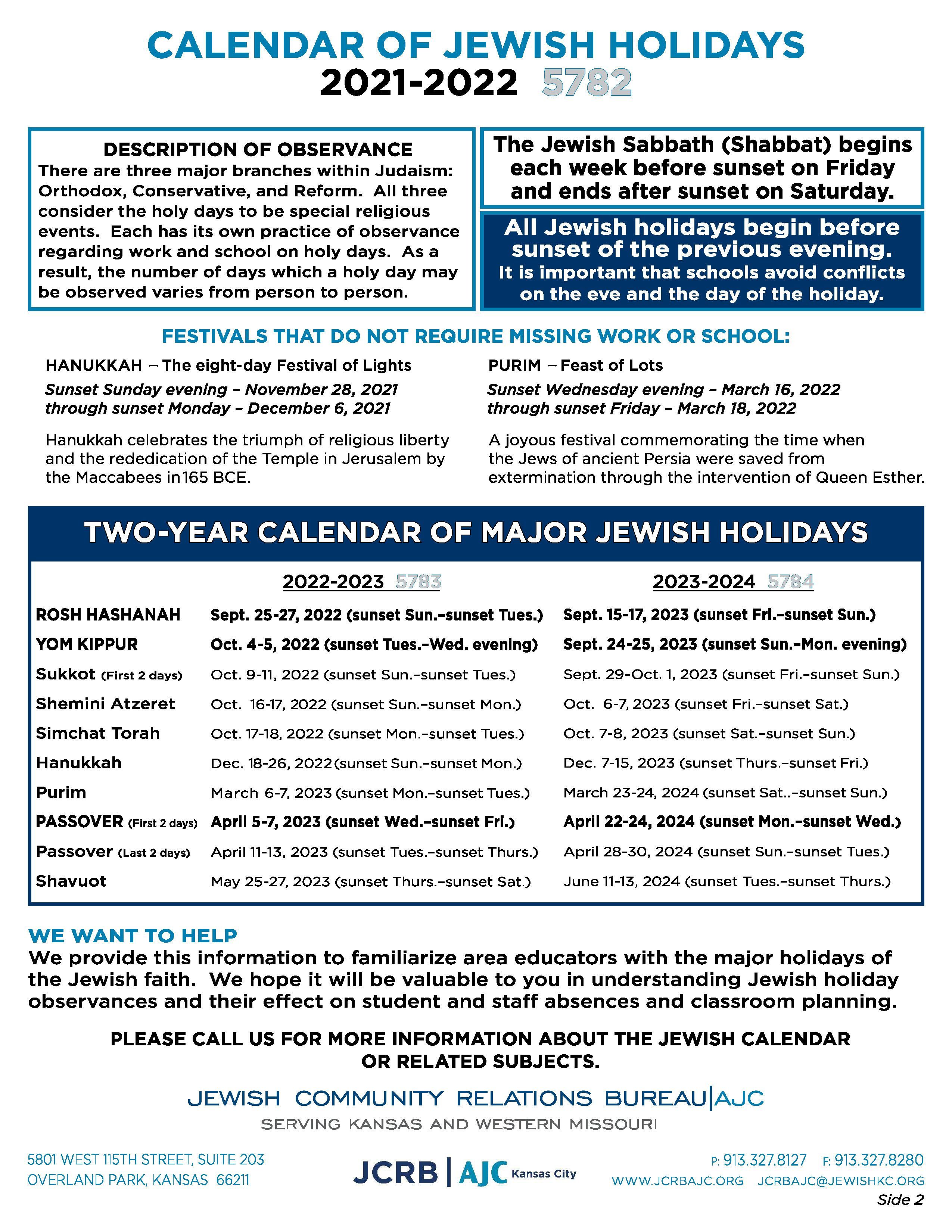 2021-2022 Calendar of Jewish Holidays