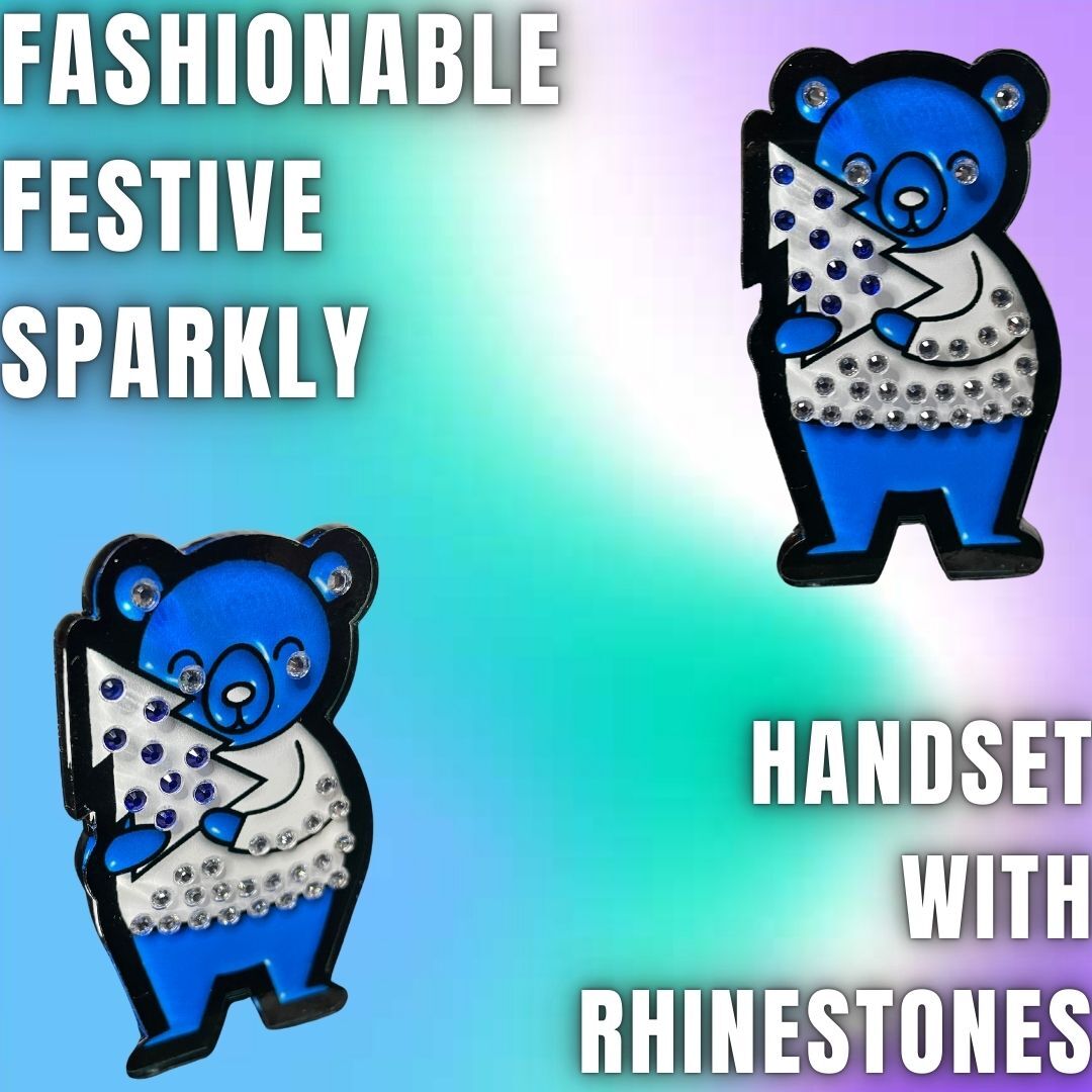 Rhinestone Blue Bear with Holiday Tree Acrylic Pin