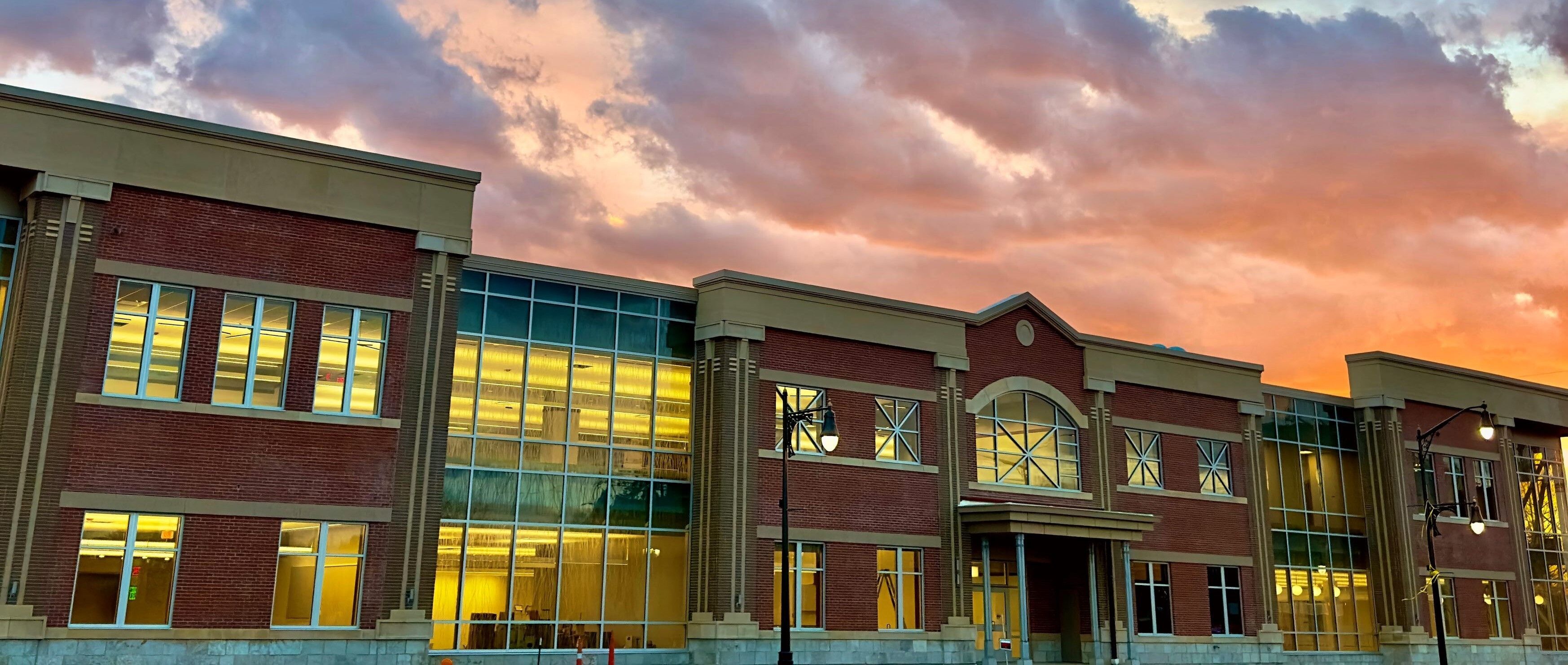 The new Galesburg Public LIbrary at sunset.