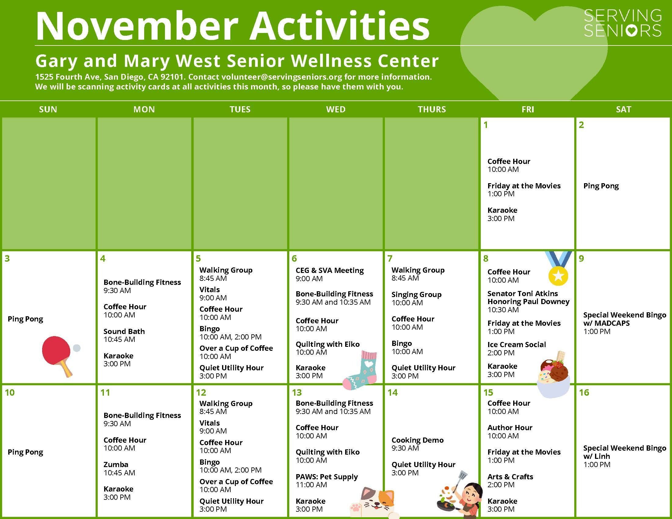 Click to download the Gary and Mary West Senior Wellness Center November Activities Calendar