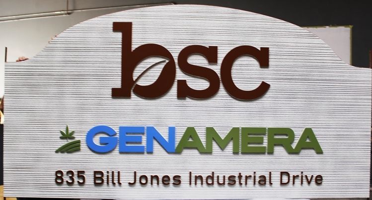 S28185 - Carved  Raised Text and Sandblasted Wood Grain Address and Entrance Sign  for the "bsc GENAMERA" Company