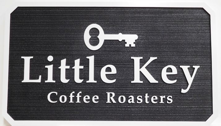 Q25421 - Carved and Sandblasted Wood Grain HDU Sign for "Little Key" Coffee Roasters, 2.5-D 