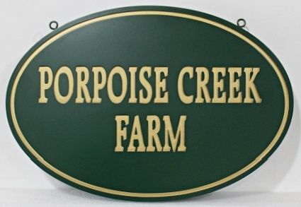 O24068 - Carved High-Density-Urethane (HDU) Hanging Entrance Sign for "Porpoise Creek Farm"