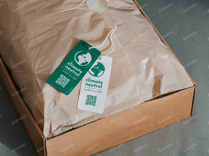 Climate Neutral apparel in Kraft box with printed hang-tag.