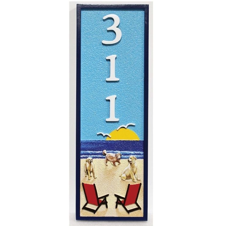 L21038 - Carved 2.5-D HDU Beach House Address Sign (Narrow Width), with Two Chairs and Dogs facing Ocean 