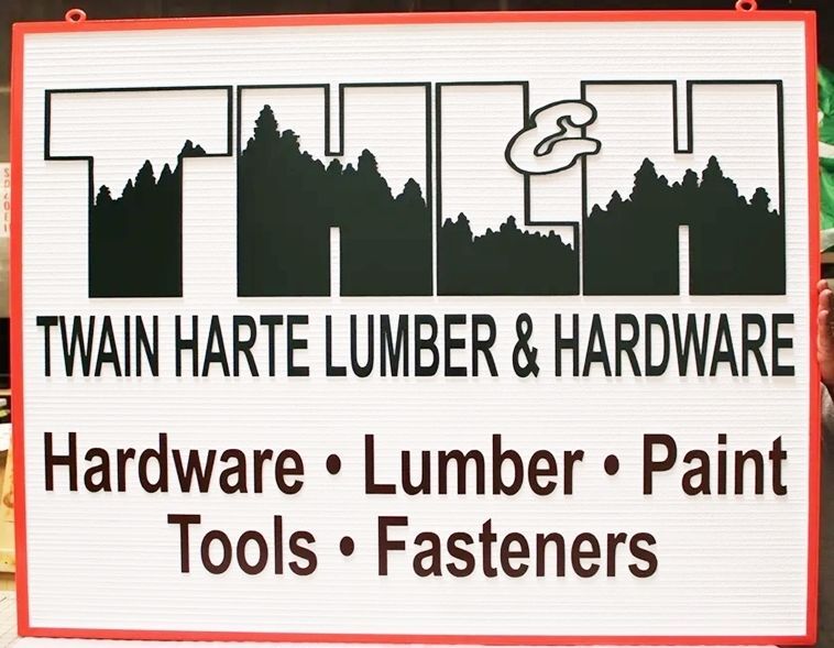  SC38406- Carved 2.5-D and Sandblasted Wood Grain HDU  Sign for the Twain Harte Lumber & Hardware store , with the THL&H Logo as Artwork