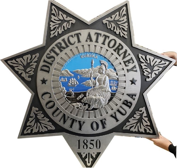 PP-1671 - Carved 3-D Aluminum-Plated Plaque of the Star Badge of the District Attorney, County of Yuba, California