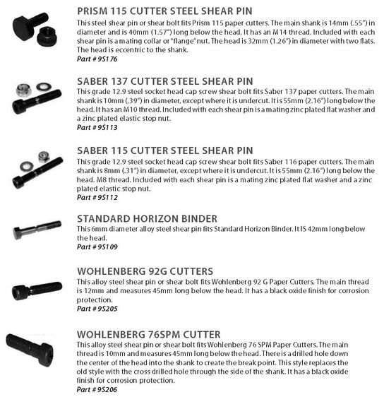 Prism, Saber 137, Saber 115, Horizon, Standard Horizon, Wohlenberg shear pins and shear bolts