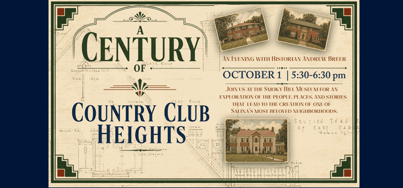 tan background with blue boarder, text about talk and three pictures of historic homes