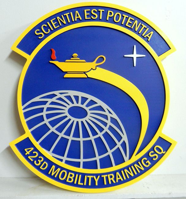 LP-5160 - Carved Round  Plaque of the Crest of the 423rd Mobility Training  Squadron, "Scientia Est Potentia",  Artist Painted