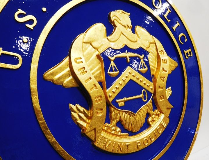 AP-4730- Carved Plaque of the Seal of the US Mint Police, Gold Leaf Gilded (close-up)