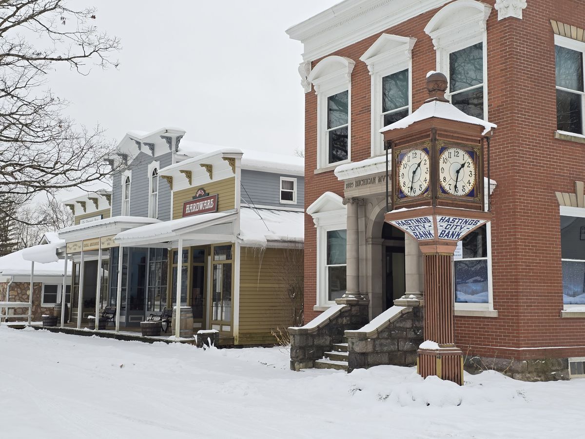 Snow blanketing Mainstreet, the Bank, and the Hastings City Bank clock.