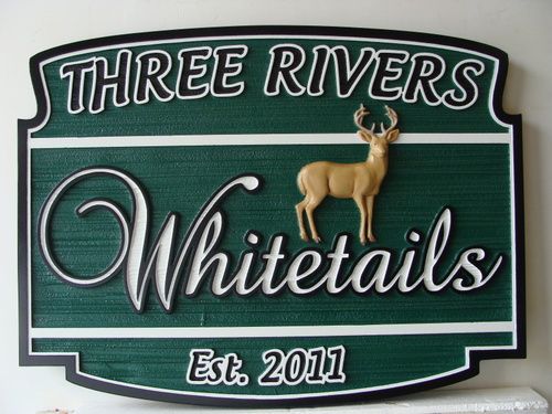 M22606 - Carved HDU Property Name Sign with 3-D Whitetail Deer, in Three Rivers