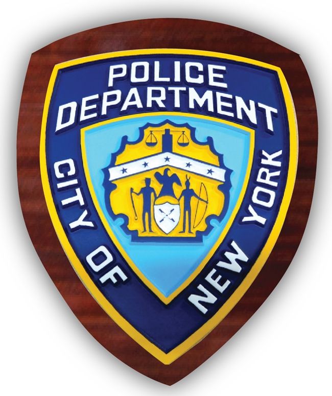 EA-2105-  Shoulder Patch of Police Department of the City of New York City Police Department (NYPD)  on Mahogany Plaque 