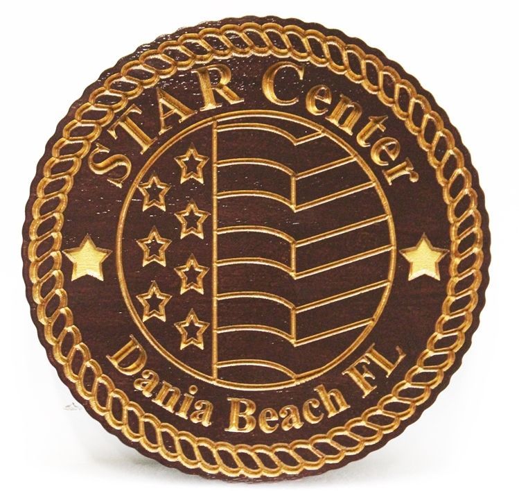 NP-2355 -  Engraved HDU Plaque of the Seal of the Seal of the Star Center , Dania Beach, FL., (AMOP), wth Gold-Leaf Gilded Text and Artwork 