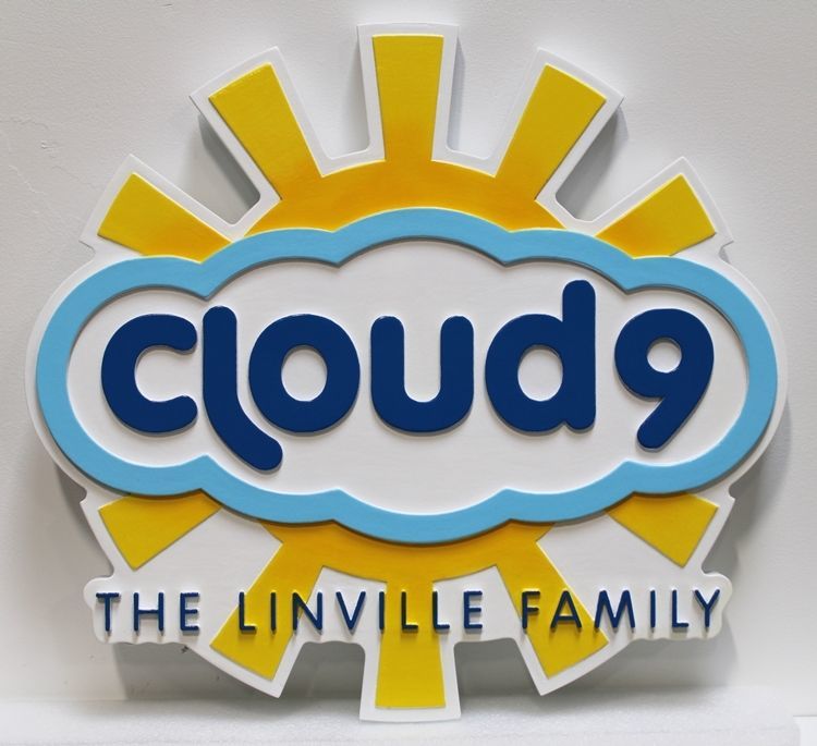 I18759 - Carved High-Density-Urethane (HDU)  Property Name  Sign "Cloud 9" with a Stylized cCloud with the Sun Shining behind it as Artwork