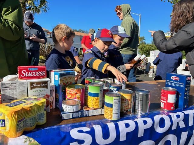 Scouts sorting canned goods