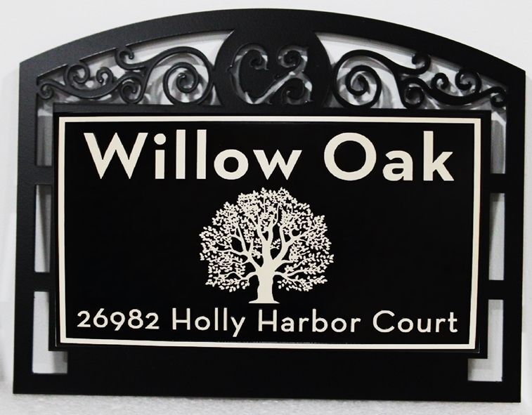 18326A - Carved HDU Entrance and Address Sign for the "Willow Oak" Residence, with a Wrought Iron Frame 