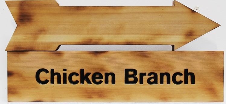 H17093 - Carved Cedar Wood Name Sign for "Chicken Branch", with Scorched Edges 
