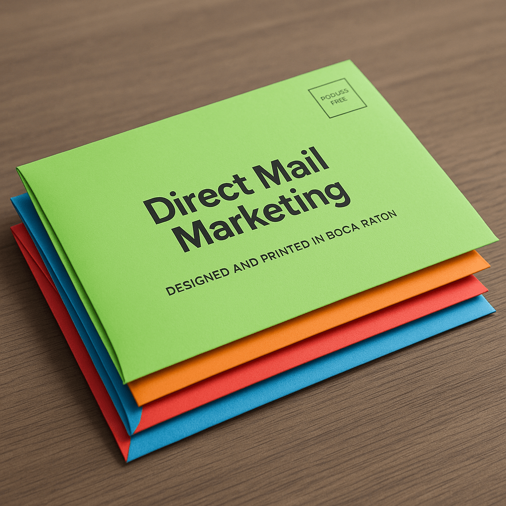 A stack of colorful custom envelopes for a direct mail marketing campaign designed and printed in Boca Raton.