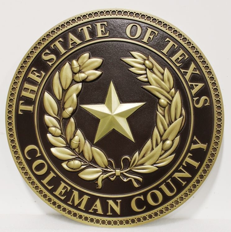 CP-1088 - Carved 3-D Brass-plated HDU Plaque of the Seal of Coleman County, Texas