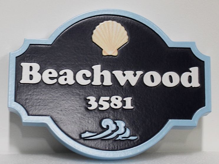 l21547 - Carved Coastal Residence Address Sign "Beachwood” , with  a Seashell and Breaking Surf as Artwor