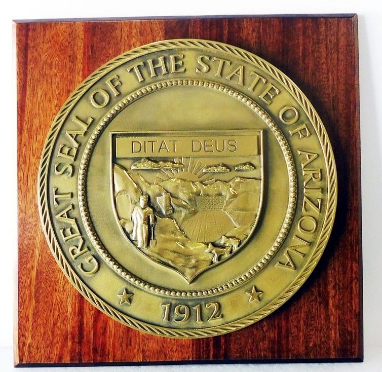 W32022 - 3-D Bas-Relief Plaque of the Seal of the State of Arizona  Mounted On a Mahogany Board