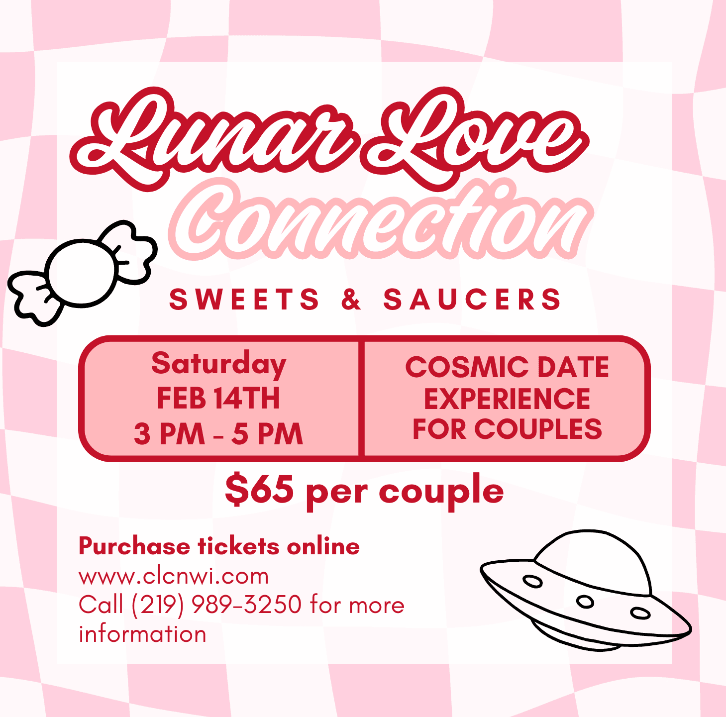 Pink Valentine’s Day flyer for Lunar Love Connection space-themed couples event in Hammond, Indiana, featuring sweets, coffee, constellations, and planetarium activities on February 14