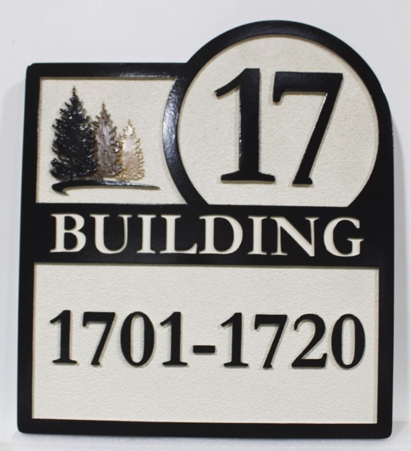 KA20856B - Carved  Building Unit Number Sign for an Apartment Complex, with Three Fir Trees as Artwork