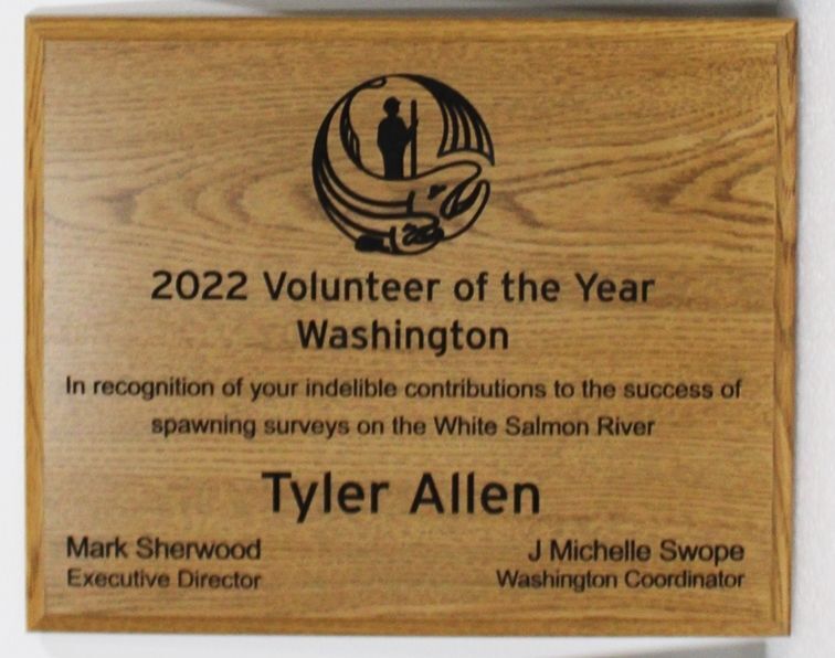 ZP-5018 - Engraved Red Oak Plaque  Honoring  the 2022 Volunteer of the Year,  Washington