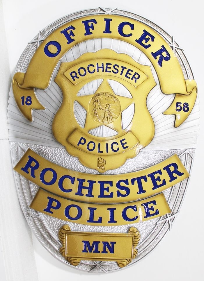 PP-1432 - Carved 3-D Bas-Relief High-Density-Urethane Plaque of a  Badge of a Police Officer of the City of Rochester, Minnesota