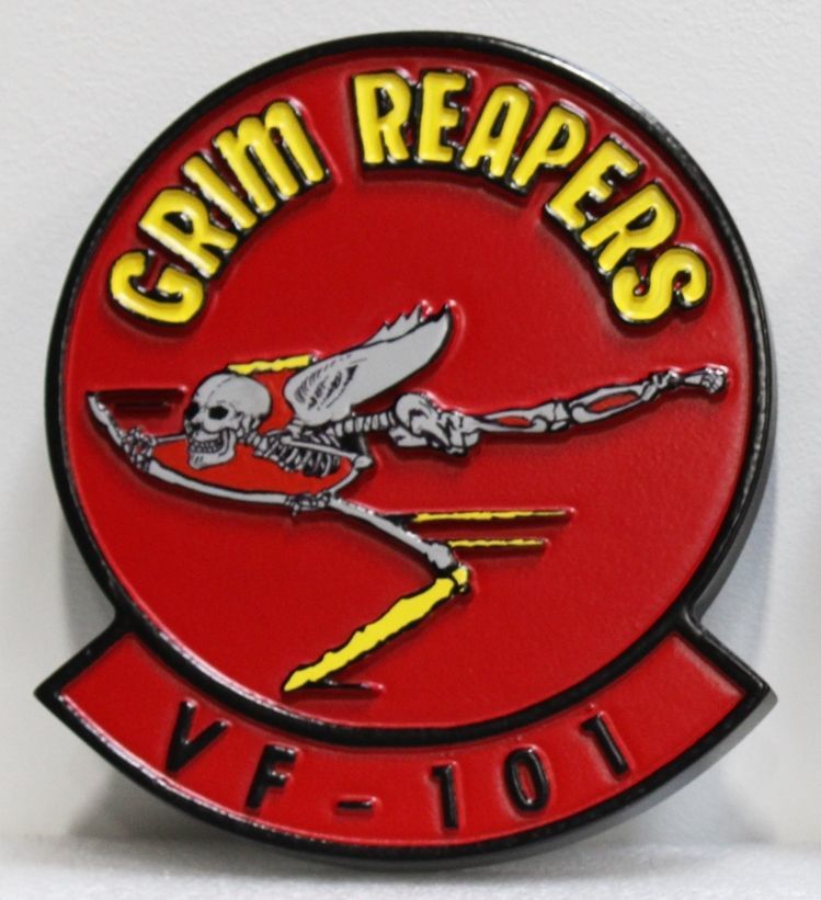 JP-1674 - Carved 2.5-D HDU Plaque of the Crest  of the Grim Reapers, Fighter Squadron 101,  VF-101