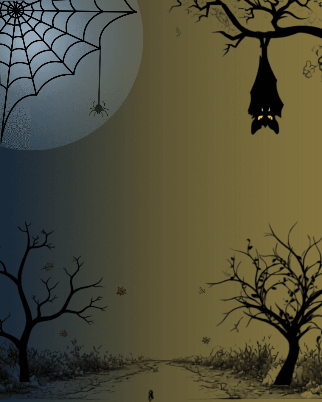 graphic image of spiders, bats, and fall trees