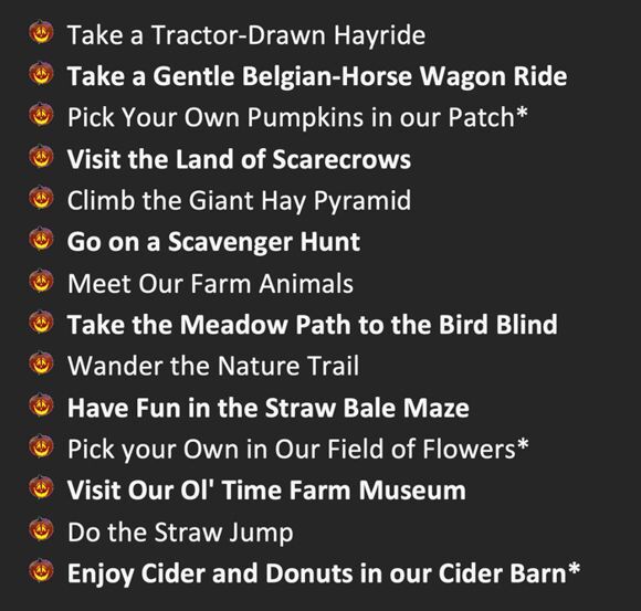 A list of activities people can enjoy at Snipes Farms 2024 Fall Festival