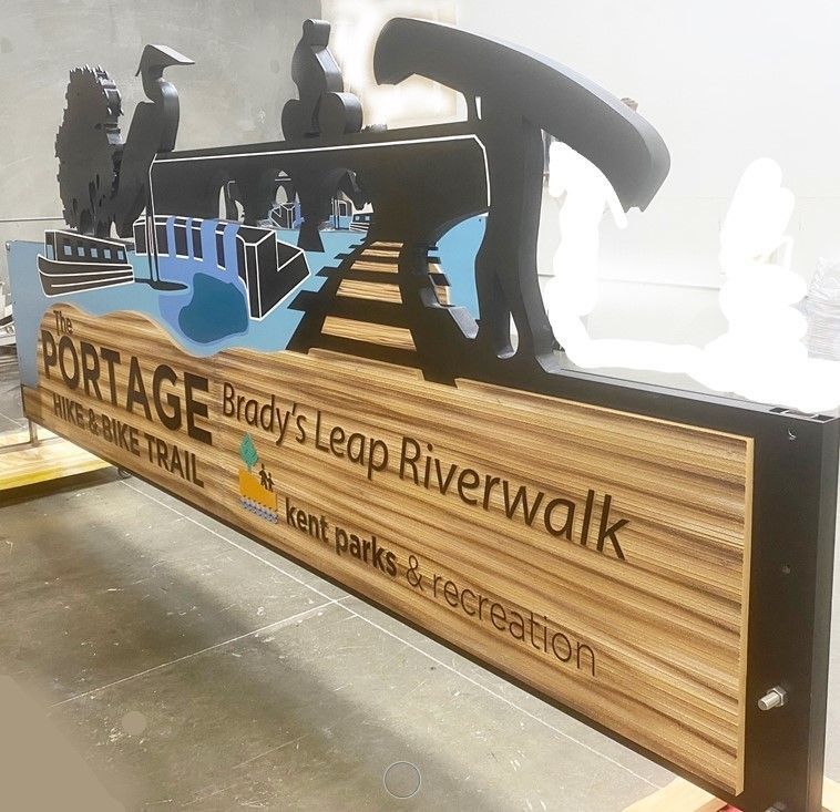 G16205A- Large Double-facd Aluminum and HDU  Sign for the Portage Hike and Bike Trail for Brady's Leap Riverwalk Park in Kent, Ohio