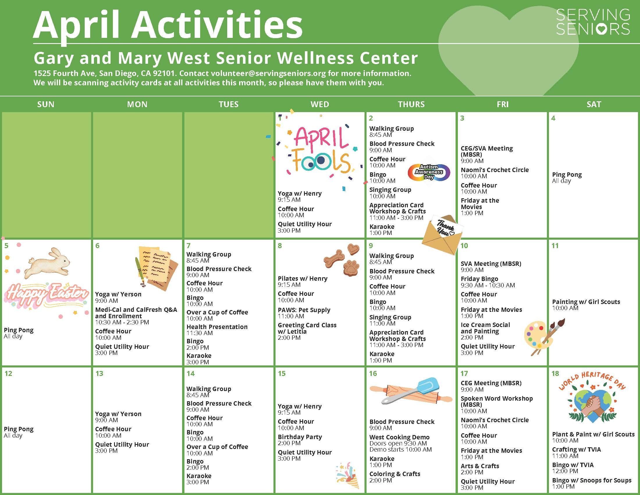 Click to download the Gary and Mary West Senior Wellness Center April 2026 Activities Calendar