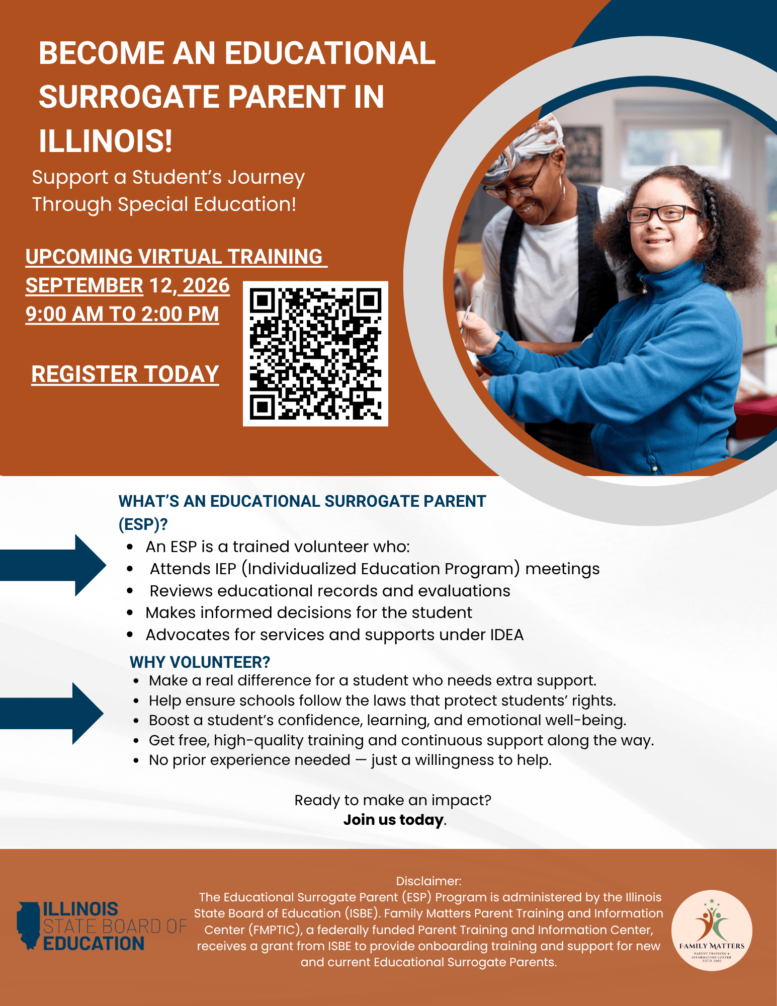 Flyer promoting Educational Surrogate Parent (ESP) volunteer training in Illinois. The flyer features a photo of a smiling student wearing glasses and a blue sweatshirt working alongside an adult in a classroom or learning environment. Large text reads: “
