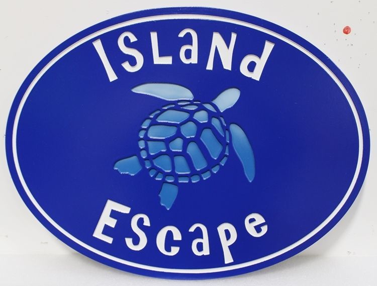 L21669 - Carved Engraved HDU   Coastal Residence Name Sign "Island Escape", with Swimming Sea Turtle as Artwork