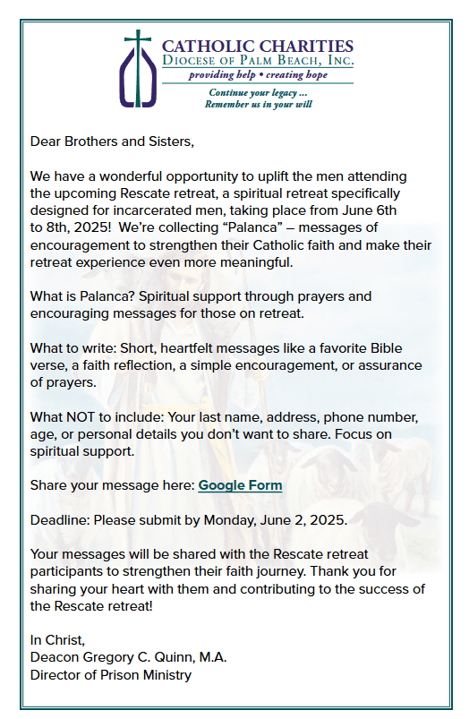 Send a Message of Encouragement to the Incarcerated to Strengthen their Catholic Faith
