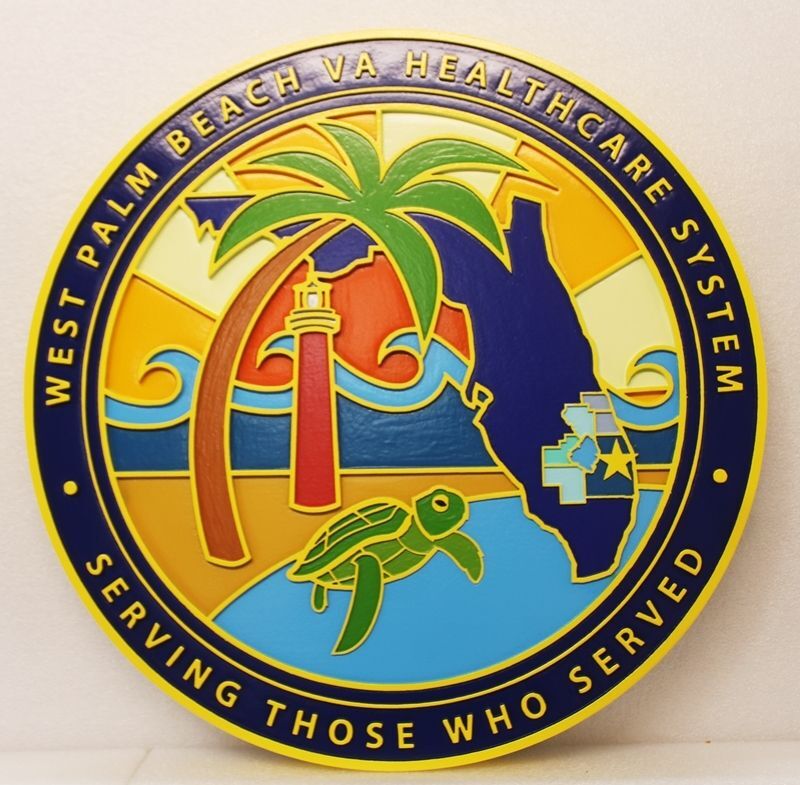 AP-6045 - Carved 2.5-D Outline Relief Artist-Painted Plaque of the Seal/Logo of the West Palm Beach VA  Health System 