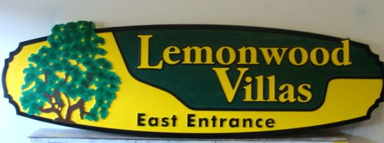 K20159 - Carved HDU Entrance Sign for Lemonwood Villas, with Painted Lemon Tree
