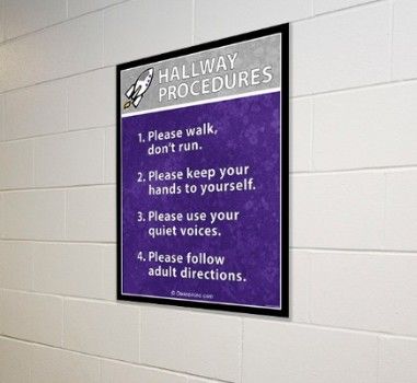 School signs, procedure boards, hallway procedures in purple and gray, custom signs